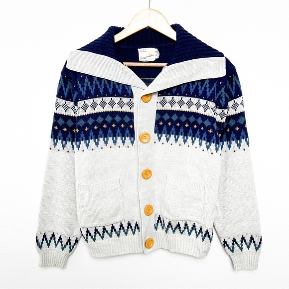 Vintage 70s unisex fair isle shawl collar cozy button up cardigan size medium - Picture 2 of 8